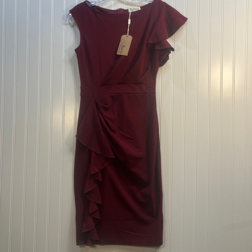 Burgundy Vintage Redefined Asymmetrical Pinup Ruffle Pencil Sheath Dress Small